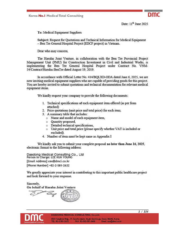 Request for Quotations and Technical Information for Medical Equipment – Ben Tre General Hospital Project (EDCF project) in Vietnam